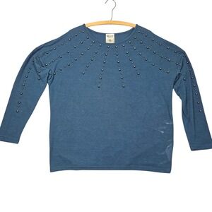 Vocal Y2K Studded Sunburst Knit Top Long Sleeve Teal Blue‎ Sz M
